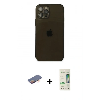 MARSİLYAN™- iPhone 12 Pro Max Kılıf Ahenk Doku - Siyah 20D Premium Cam Ekran Koruyucu + Renkli Kamera Lens Koruma Cam - TU