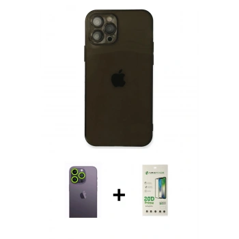 MARSİLYAN™- iPhone 12 Pro Max Kılıf Ahenk Doku - Siyah 20D Premium Cam Ekran Koruyucu + Neon Fosforlu Kamera Lens - YL