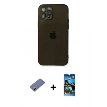 MARSİLYAN™- iPhone 12 Pro Max Kılıf Ahenk Doku - Siyah 34D Izgaralı Cam + Metal Kamera Lens Koruma Cam - GD