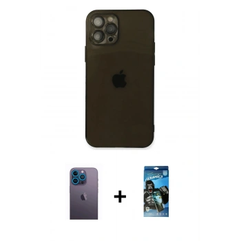 MARSİLYAN™- iPhone 12 Pro Max Kılıf Ahenk Doku - Siyah 34D Izgaralı Cam + Neon Fosforlu Kamera Lens - MI