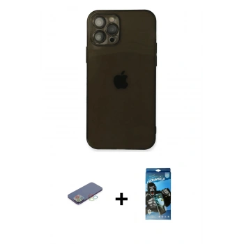 MARSİLYAN™- iPhone 12 Pro Max Kılıf Ahenk Doku - Siyah 34D Izgaralı Cam + Renkli Kamera Lens Koruma Cam - MI