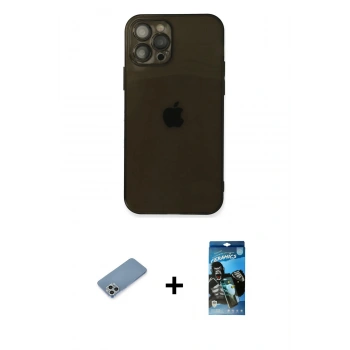 MARSİLYAN™- iPhone 12 Pro Max Kılıf Ahenk Doku - Siyah 34D Izgaralı Cam + Shine Kamera Lens Koruma Cam - GS