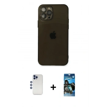 MARSİLYAN™- iPhone 12 Pro Max Kılıf Ahenk Doku - Siyah 34D Izgaralı Cam + Shine Kamera Lens - LT