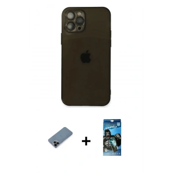 MARSİLYAN™- iPhone 12 Pro Max Kılıf Ahenk Doku - Siyah 34D Izgaralı Cam + Shine Kamera Lens Koruma Cam - SH