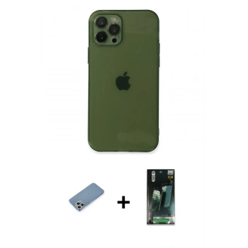 MARSİLYAN™- iPhone 12 Pro Max Kılıf Ahenk Doku - Siyah 360 Mat Full Body Arka Koruyucu + Shine Kamera Lens Koruma Cam - GS