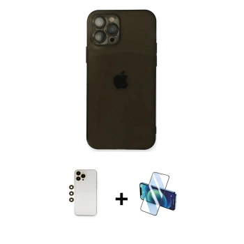 MARSİLYAN™- iPhone 12 Pro Max Kılıf Ahenk Doku - Siyah 3D Antistatik Cam Ekran Koruyucu + Shine Kamera Lens - GD