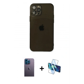 MARSİLYAN™- iPhone 12 Pro Max Kılıf Ahenk Doku - Siyah 3D Antistatik Cam Ekran Koruyucu + Neon Fosforlu Kamera Lens - MI
