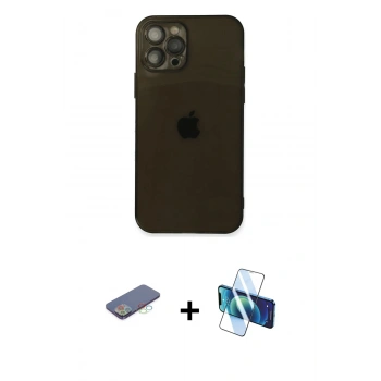MARSİLYAN™- iPhone 12 Pro Max Kılıf Ahenk Doku - Siyah 3D Antistatik Cam Ekran Koruyucu + Renkli Kamera Lens Koruma Cam - MI