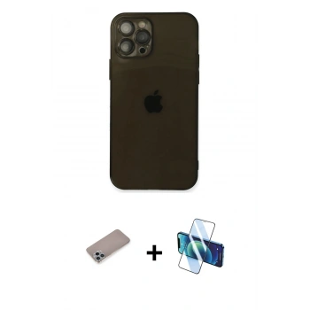 MARSİLYAN™- iPhone 12 Pro Max Kılıf Ahenk Doku - Siyah 3D Antistatik Cam Ekran Koruyucu + Shine Kamera Lens Koruma Cam - SABE