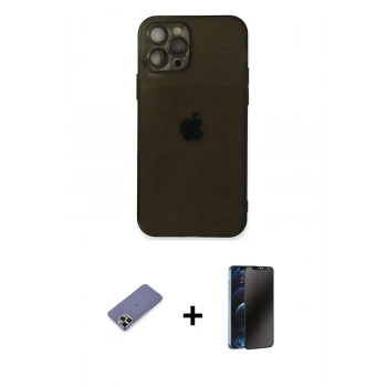 MARSİLYAN™- iPhone 12 Pro Max Kılıf Ahenk Doku - Siyah 3D Antistatik Hayalet Cam Ekran Koruyucu + Metal Kamera Lens Koruma Cam - GD