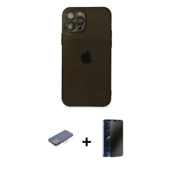 MARSİLYAN™- iPhone 12 Pro Max Kılıf Ahenk Doku - Siyah 3D Antistatik Hayalet Cam Ekran Koruyucu + Renkli Kamera Lens Koruma Cam - PE