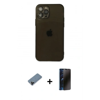 MARSİLYAN™- iPhone 12 Pro Max Kılıf Ahenk Doku - Siyah 3D Antistatik Hayalet Cam Ekran Koruyucu + Shine Kamera Lens Koruma Cam - SH