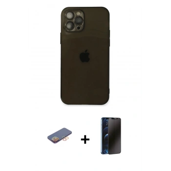 MARSİLYAN™- iPhone 12 Pro Max Kılıf Ahenk Doku - Siyah 3D Antistatik Hayalet Cam Ekran Koruyucu + Renkli Kamera Lens Koruma Cam - TU