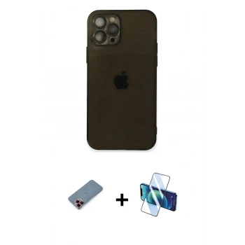 MARSİLYAN™- iPhone 12 Pro Max Kılıf Ahenk Doku - Siyah 3D Antistatik Seramik Nano Ekran Koruyucu + Metal Kamera Lens Koruma Cam - KI