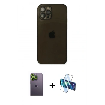 MARSİLYAN™- iPhone 12 Pro Max Kılıf Ahenk Doku - Siyah 3D Antistatik Seramik Nano Ekran Koruyucu + Neon Fosforlu Kamera Lens - YL