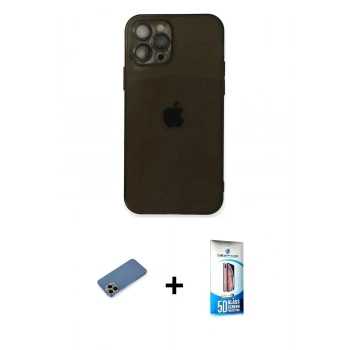 MARSİLYAN™- iPhone 12 Pro Max Kılıf Ahenk Doku - Siyah 5D Eko Cam Ekran Koruyucu + Shine Kamera Lens Koruma Cam - GD
