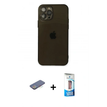 MARSİLYAN™- iPhone 12 Pro Max Kılıf Ahenk Doku - Siyah 5D Eko Cam Ekran Koruyucu + Renkli Kamera Lens Koruma Cam - MI