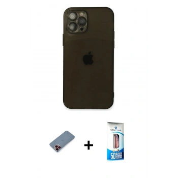 MARSİLYAN™- iPhone 12 Pro Max Kılıf Ahenk Doku - Siyah 5D Eko Cam Ekran Koruyucu + Metal Kamera Lens Koruma Cam - KI
