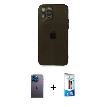 MARSİLYAN™- iPhone 12 Pro Max Kılıf Ahenk Doku - Siyah 5D Eko Cam Ekran Koruyucu + Neon Fosforlu Kamera Lens - MI