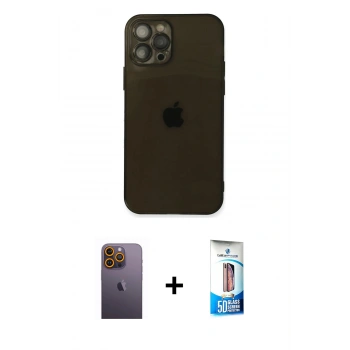 MARSİLYAN™- iPhone 12 Pro Max Kılıf Ahenk Doku - Siyah 5D Eko Cam Ekran Koruyucu + Neon Fosforlu Kamera Lens - SI
