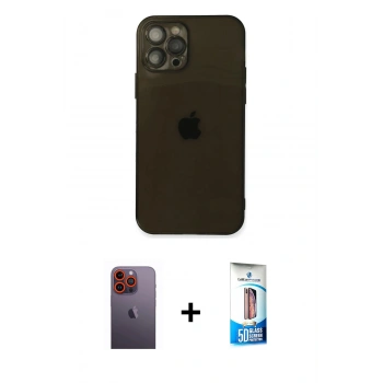 MARSİLYAN™- iPhone 12 Pro Max Kılıf Ahenk Doku - Siyah 5D Eko Cam Ekran Koruyucu + Neon Fosforlu Kamera Lens - TU