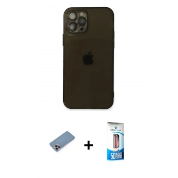 MARSİLYAN™- iPhone 12 Pro Max Kılıf Ahenk Doku - Siyah 5D Eko Cam Ekran Koruyucu + Shine Kamera Lens Koruma Cam - PE