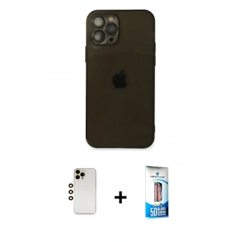 MARSİLYAN™- iPhone 12 Pro Max Kılıf Ahenk Doku - Siyah 5D Eko Cam Ekran Koruyucu + Shine Kamera Lens - GD