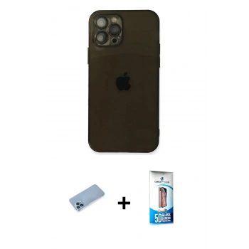 MARSİLYAN™- iPhone 12 Pro Max Kılıf Ahenk Doku - Siyah 5D Eko Cam Ekran Koruyucu + Shine Kamera Lens Koruma Cam - MI