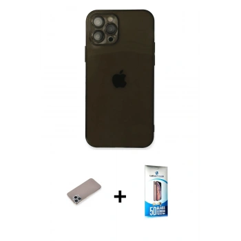 MARSİLYAN™- iPhone 12 Pro Max Kılıf Ahenk Doku - Siyah 5D Eko Cam Ekran Koruyucu + Shine Kamera Lens Koruma Cam - SABE