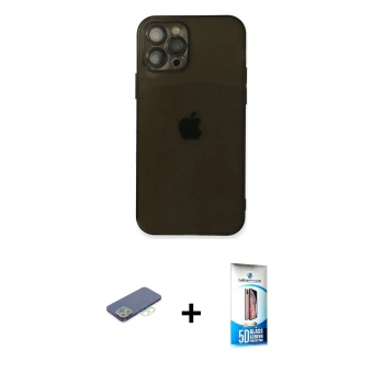 MARSİLYAN™- iPhone 12 Pro Max Kılıf Ahenk Doku - Siyah 5D Eko Cam Ekran Koruyucu + Renkli Kamera Lens Koruma Cam - YL