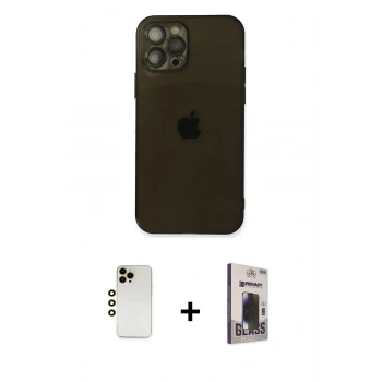 MARSİLYAN™- iPhone 12 Pro Max Kılıf Ahenk Doku - Siyah Bilvis Hayalet Cam Ekran Koruyucu + Shine Kamera Lens - GD