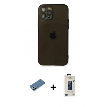 MARSİLYAN™- iPhone 12 Pro Max Kılıf Ahenk Doku - Siyah Bilvis Hayalet Cam Ekran Koruyucu + Shine Kamera Lens Koruma Cam - GD