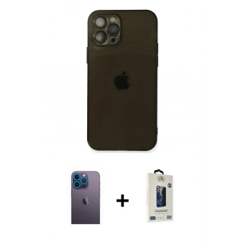 MARSİLYAN™- iPhone 12 Pro Max Kılıf Ahenk Doku - Siyah Bilvis Hayalet Cam Ekran Koruyucu + Neon Fosforlu Kamera Lens - MI
