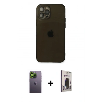 MARSİLYAN™- iPhone 12 Pro Max Kılıf Ahenk Doku - Siyah Bilvis Hayalet Cam Ekran Koruyucu + Neon Fosforlu Kamera Lens - YL