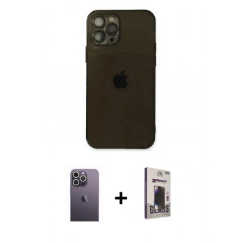 MARSİLYAN™- iPhone 12 Pro Max Kılıf Ahenk Doku - Siyah Bilvis Hayalet Cam Ekran Koruyucu + Neon Fosforlu Kamera Lens - BZ