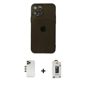 MARSİLYAN™- iPhone 12 Pro Max Kılıf Ahenk Doku - Siyah Bilvis Hayalet Cam Ekran Koruyucu + Shine Kamera Lens - GD