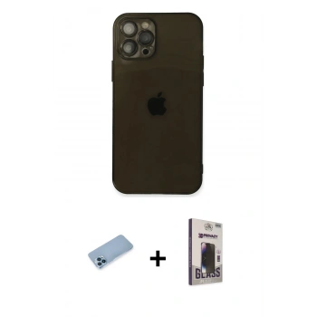 MARSİLYAN™- iPhone 12 Pro Max Kılıf Ahenk Doku - Siyah Bilvis Hayalet Cam Ekran Koruyucu + Shine Kamera Lens Koruma Cam - MI