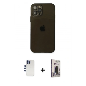 MARSİLYAN™- iPhone 12 Pro Max Kılıf Ahenk Doku - Siyah Bilvis Hayalet Cam Ekran Koruyucu + Shine Kamera Lens - LT