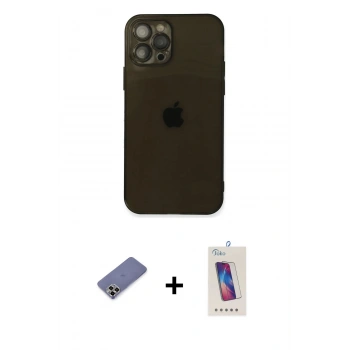 MARSİLYAN™- iPhone 12 Pro Max Kılıf Ahenk Doku - Siyah Joko 5D Cam + Metal Kamera Lens Koruma Cam - GD