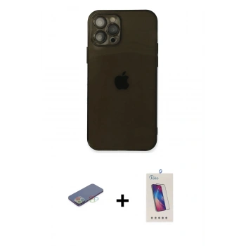 MARSİLYAN™- iPhone 12 Pro Max Kılıf Ahenk Doku - Siyah Joko 5D Cam + Renkli Kamera Lens Koruma Cam - MI