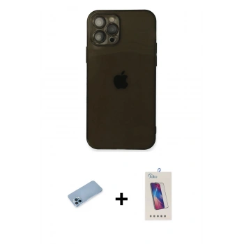 MARSİLYAN™- iPhone 12 Pro Max Kılıf Ahenk Doku - Siyah Joko 5D Cam + Shine Kamera Lens Koruma Cam - MI