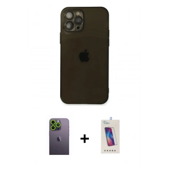 MARSİLYAN™- iPhone 12 Pro Max Kılıf Ahenk Doku - Siyah Joko 5D Cam + Neon Fosforlu Kamera Lens - YL