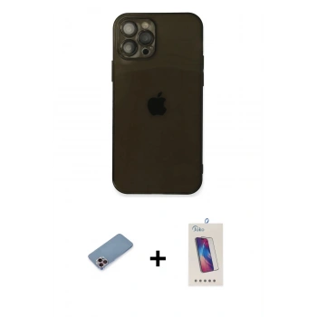 MARSİLYAN™- iPhone 12 Pro Max Kılıf Ahenk Doku - Siyah Joko 5D Cam + Shine Kamera Lens Koruma Cam - PE