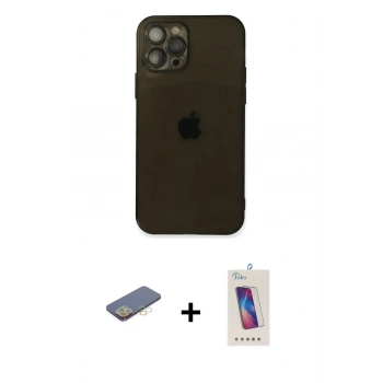 MARSİLYAN™- iPhone 12 Pro Max Kılıf Ahenk Doku - Siyah Joko 5D Cam + Renkli Kamera Lens Koruma Cam - SI