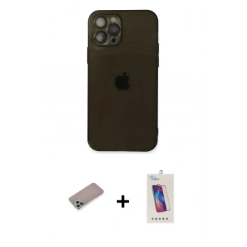 MARSİLYAN™- iPhone 12 Pro Max Kılıf Ahenk Doku - Siyah Joko 5D Cam + Shine Kamera Lens Koruma Cam - SABE