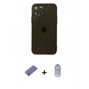 MARSİLYAN™- iPhone 12 Pro Max Kılıf Ahenk Doku - Siyah Joko Magic 5D Cam + Metal Kamera Lens Koruma Cam - GD