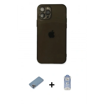 MARSİLYAN™- iPhone 12 Pro Max Kılıf Ahenk Doku - Siyah Joko Magic 5D Cam + Shine Kamera Lens Koruma Cam - GI