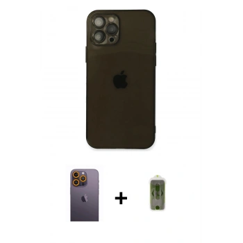 MARSİLYAN™- iPhone 12 Pro Max Kılıf Ahenk Doku - Siyah Joko Magic 5D Hayalet Cam + Neon Fosforlu Kamera Lens - SI
