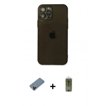 MARSİLYAN™- iPhone 12 Pro Max Kılıf Ahenk Doku - Siyah Joko Magic 5D Hayalet Cam + Shine Kamera Lens Koruma Cam - SH