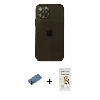 MARSİLYAN™- iPhone 12 Pro Max Kılıf Ahenk Doku - Siyah Mat Seramik Nano Ekran Koruyucu + Shine Kamera Lens Koruma Cam - GD